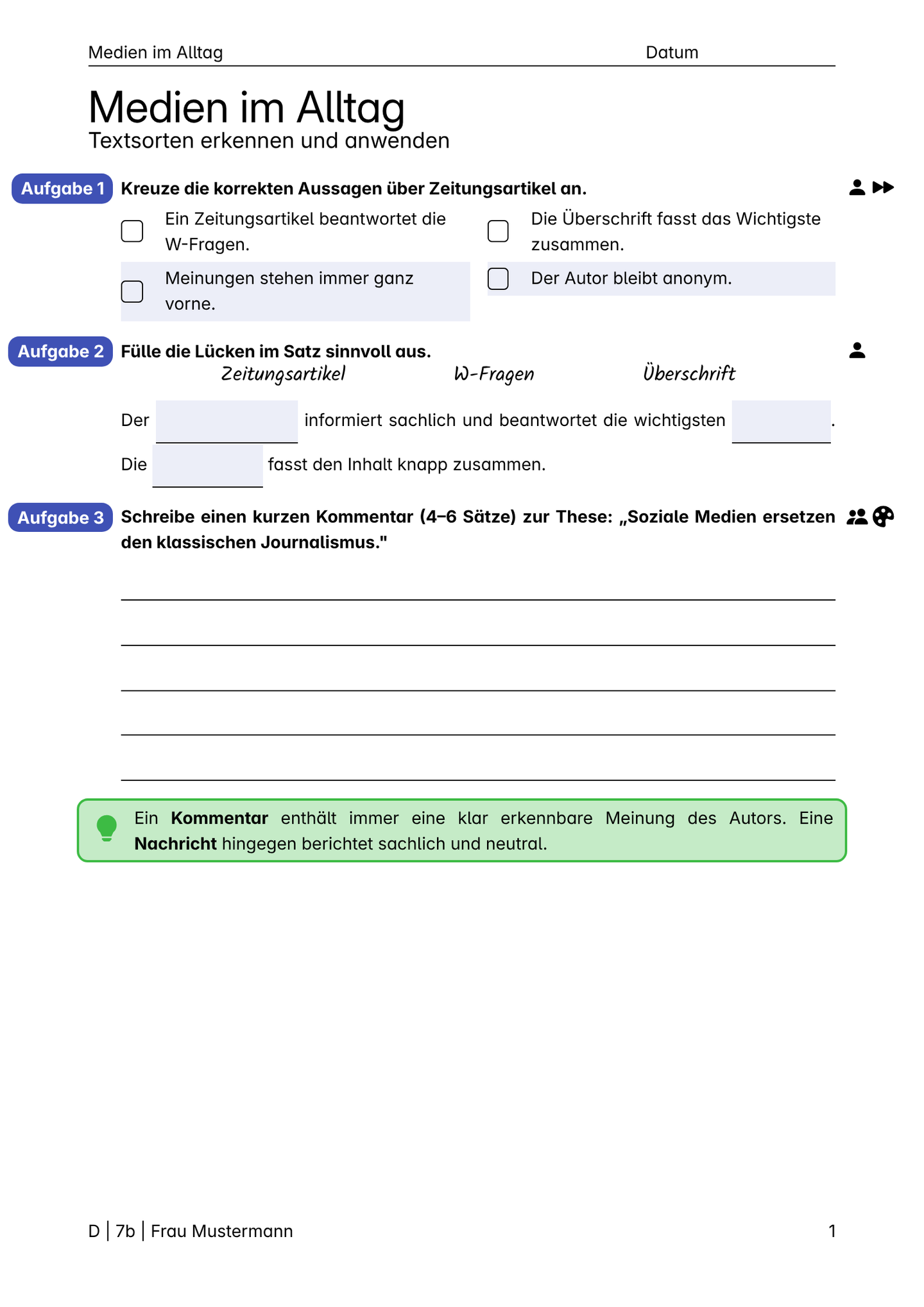 ottenskool Showcase Arbeitsblatt mit verschiedenen Aufgabentypen